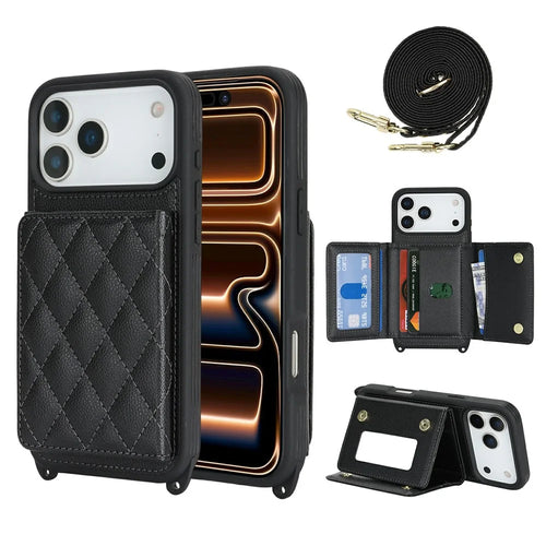 For iPhone 18 Pro Max / 17 Pro Max Case with Lanyard  /  Mirror  /  Card Holder Grids Pattern RFID Blocking Phone Cover - Black - 1