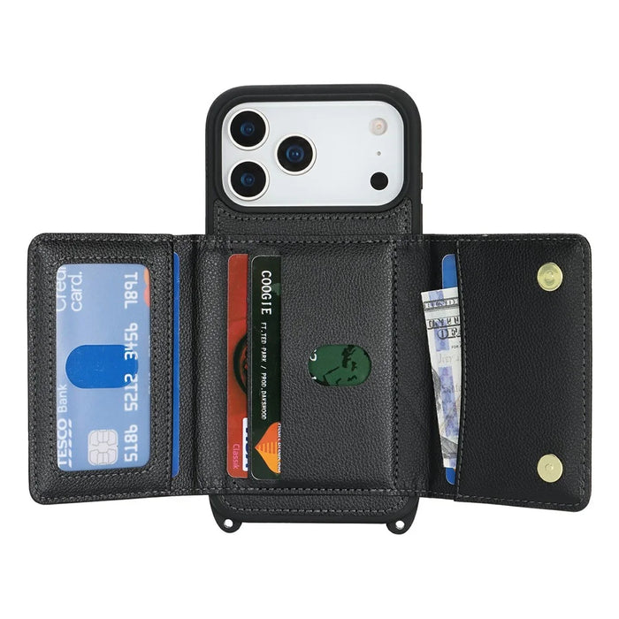 For iPhone 18 Pro Max / 17 Pro Max Case with Lanyard  /  Mirror  /  Card Holder Grids Pattern RFID Blocking Phone Cover - Black - 2