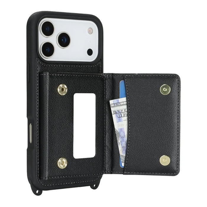 For iPhone 18 Pro Max / 17 Pro Max Case with Lanyard  /  Mirror  /  Card Holder Grids Pattern RFID Blocking Phone Cover - Black - 3