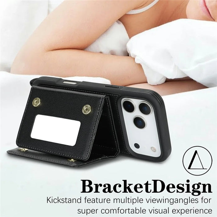 For iPhone 18 Pro Max / 17 Pro Max Case with Lanyard  /  Mirror  /  Card Holder Grids Pattern RFID Blocking Phone Cover - Black - 7