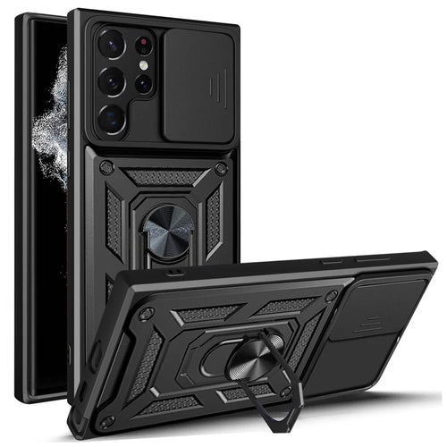 For Samsung Galaxy S23 Ultra Anti-fall Phone Case Ring Kickstand PC + TPU Smartphone Cover with Slide Camera Protector - Black - 1