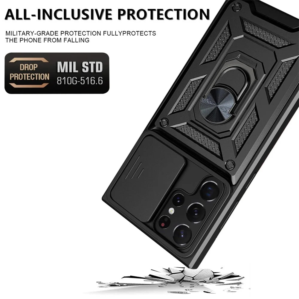 For Samsung Galaxy S23 Ultra Anti-fall Phone Case Ring Kickstand PC + TPU Smartphone Cover with Slide Camera Protector - Black - 2