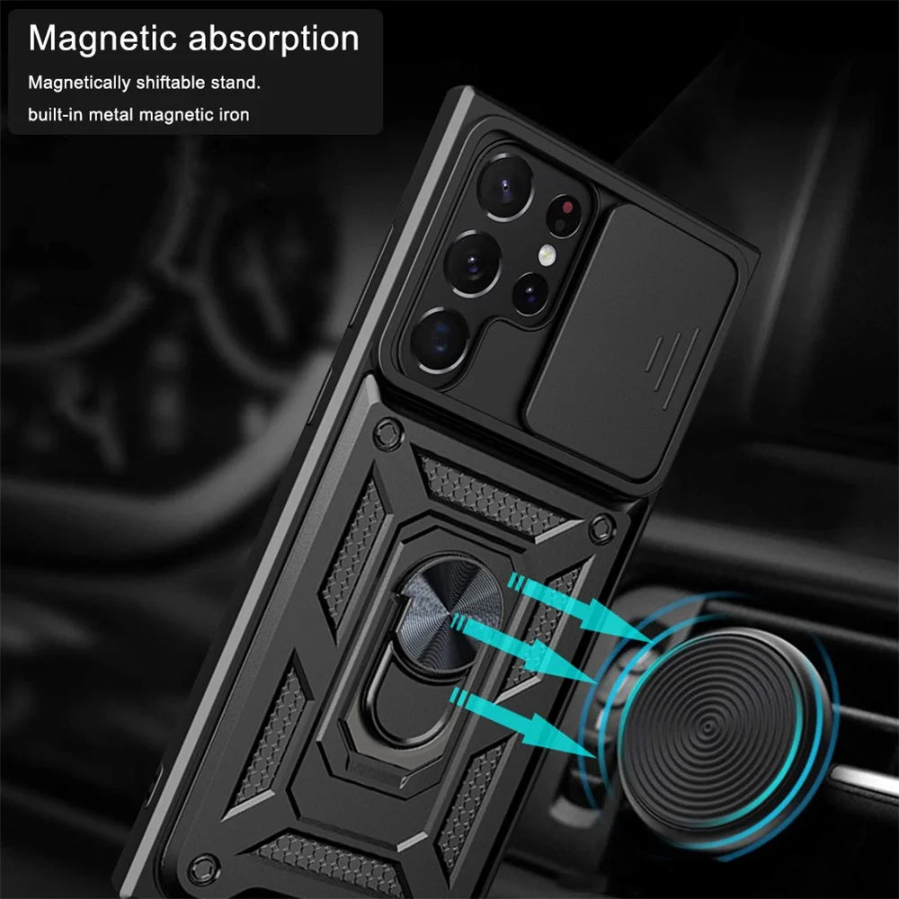 For Samsung Galaxy S23 Ultra Anti-fall Phone Case Ring Kickstand PC + TPU Smartphone Cover with Slide Camera Protector - Black - 3