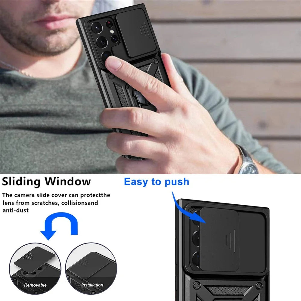 For Samsung Galaxy S23 Ultra Anti-fall Phone Case Ring Kickstand PC + TPU Smartphone Cover with Slide Camera Protector - Black - 4