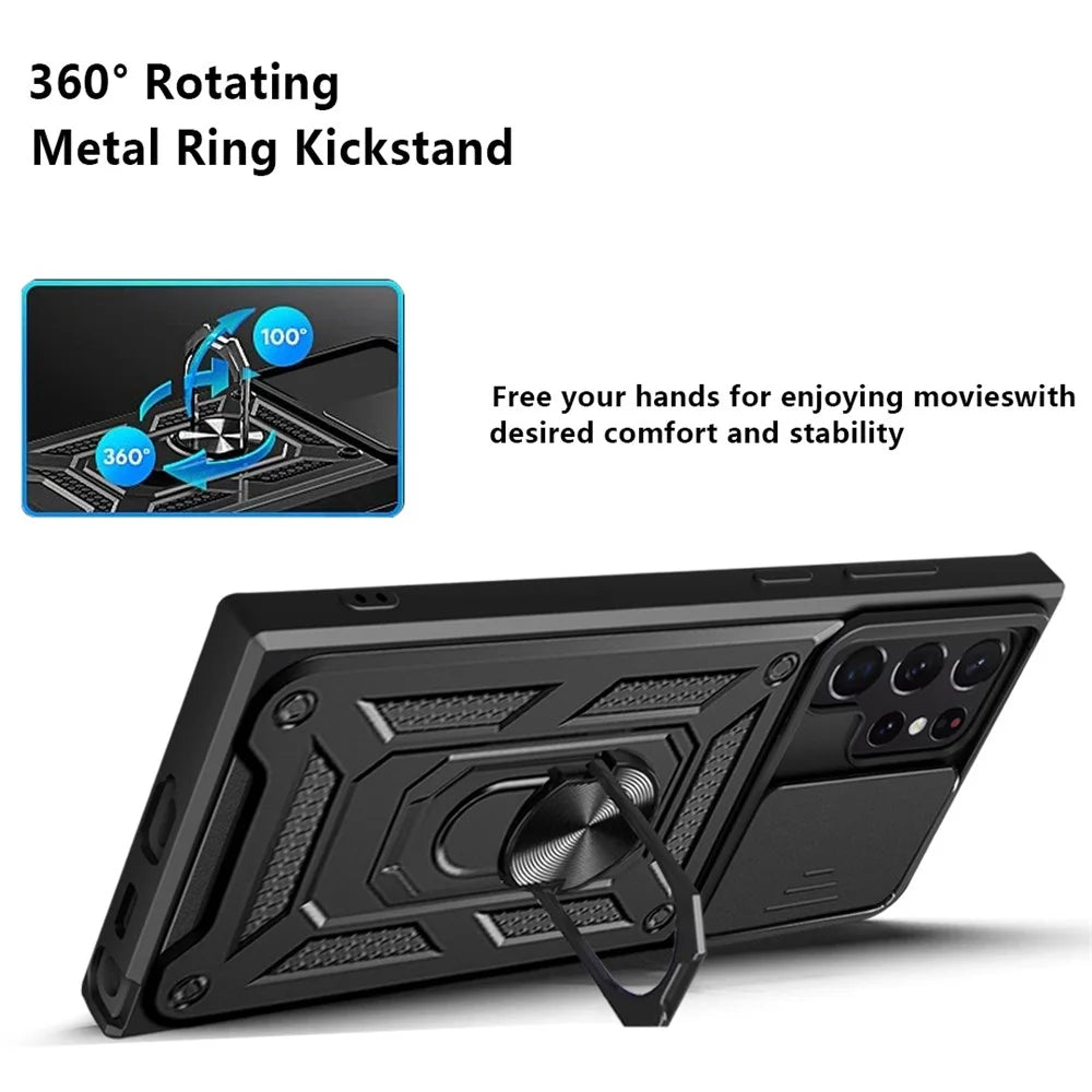 For Samsung Galaxy S23 Ultra Anti-fall Phone Case Ring Kickstand PC + TPU Smartphone Cover with Slide Camera Protector - Black - 5