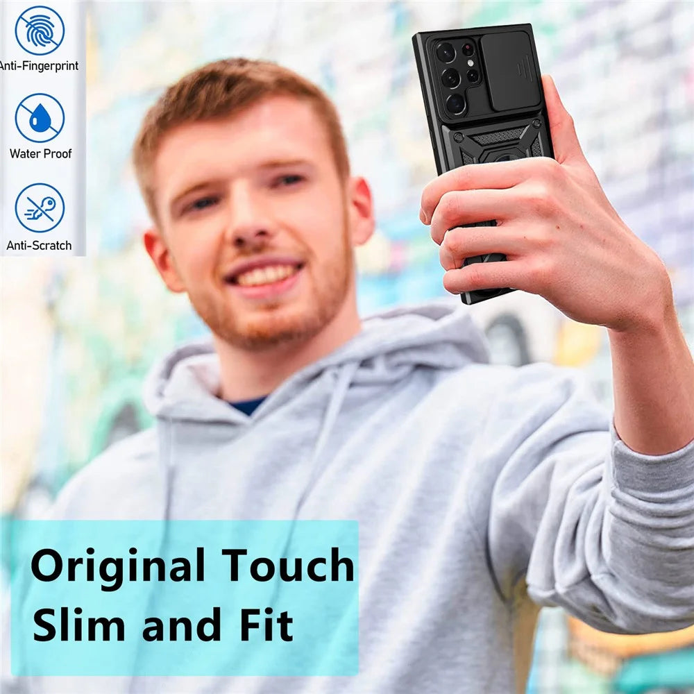 For Samsung Galaxy S23 Ultra Anti-fall Phone Case Ring Kickstand PC + TPU Smartphone Cover with Slide Camera Protector - Black - 6