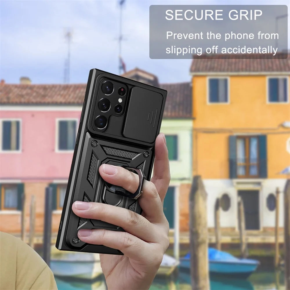 For Samsung Galaxy S23 Ultra Anti-fall Phone Case Ring Kickstand PC + TPU Smartphone Cover with Slide Camera Protector - Black - 7