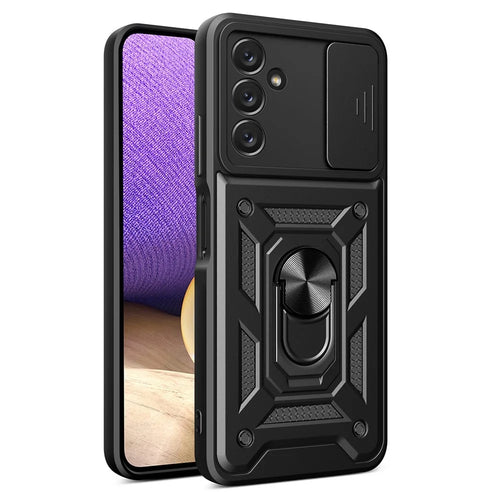 For Samsung Galaxy A14 5G / A14 4G PC+TPU Hybrid Back Cover Ring Kickstand Slide Lid Camera Protection Scratch-resistant Phone Case - Black - 1