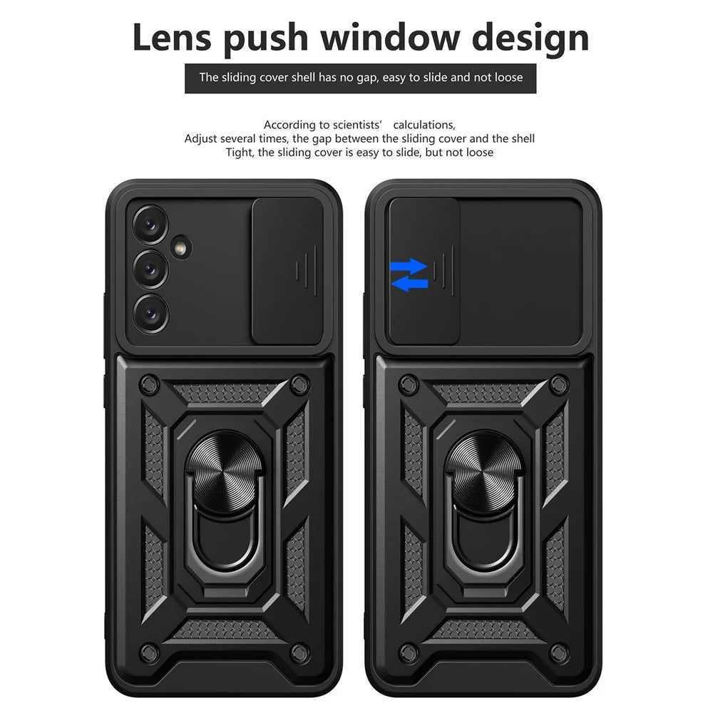 For Samsung Galaxy A14 5G / A14 4G PC+TPU Hybrid Back Cover Ring Kickstand Slide Lid Camera Protection Scratch-resistant Phone Case - Black - 2