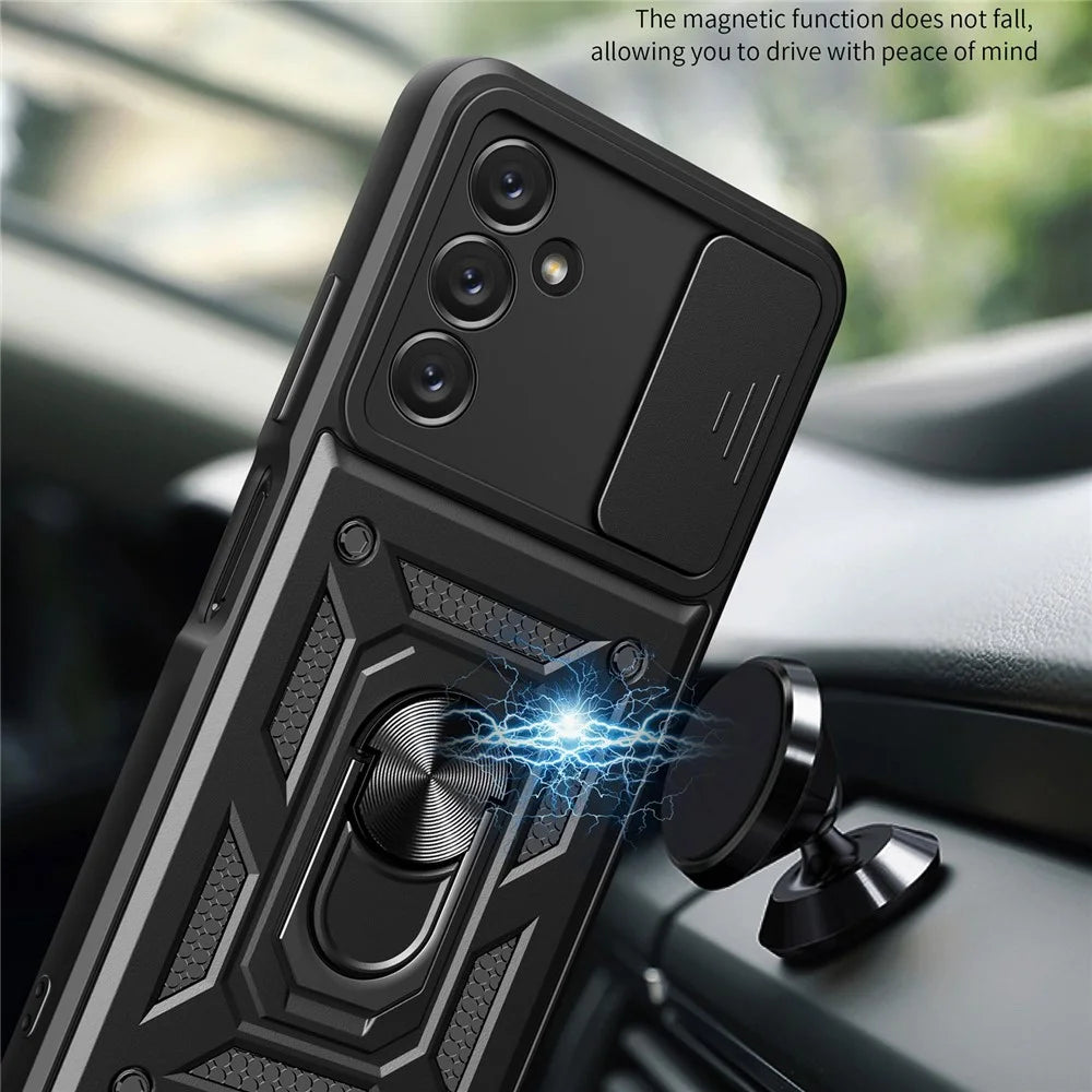 For Samsung Galaxy A14 5G / A14 4G PC+TPU Hybrid Back Cover Ring Kickstand Slide Lid Camera Protection Scratch-resistant Phone Case - Black - 4