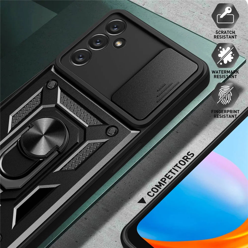 For Samsung Galaxy A14 5G / A14 4G PC+TPU Hybrid Back Cover Ring Kickstand Slide Lid Camera Protection Scratch-resistant Phone Case - Black - 5