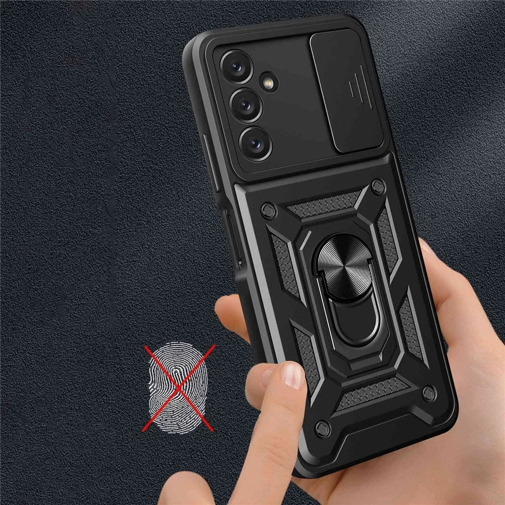 For Samsung Galaxy A14 5G / A14 4G PC+TPU Hybrid Back Cover Ring Kickstand Slide Lid Camera Protection Scratch-resistant Phone Case - Black - 6