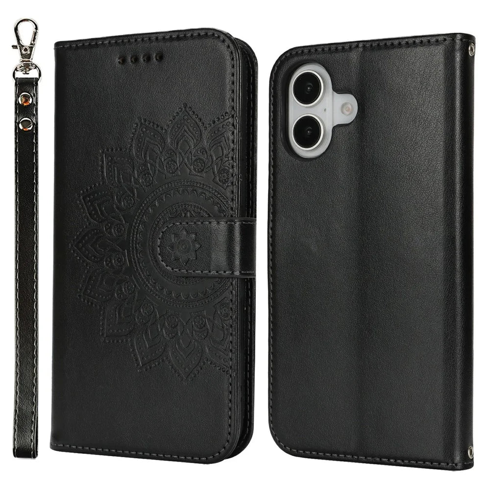 For iPhone 17 Case Textured Leather Wallet Phone Cover with Strap - Black - 1
