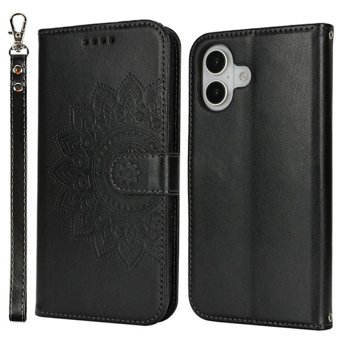 For iPhone 17 Case Textured Leather Wallet Phone Cover with Strap - Black - 1
