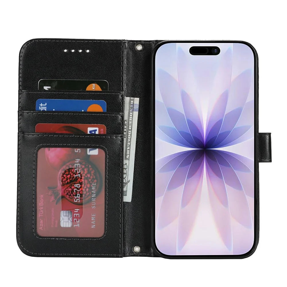 For iPhone 17 Case Textured Leather Wallet Phone Cover with Strap - Black - 2