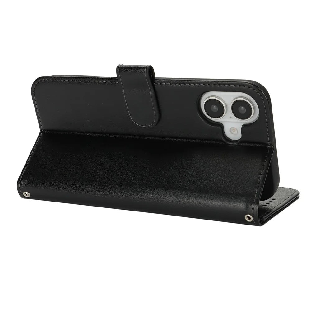 For iPhone 17 Case Textured Leather Wallet Phone Cover with Strap - Black - 4