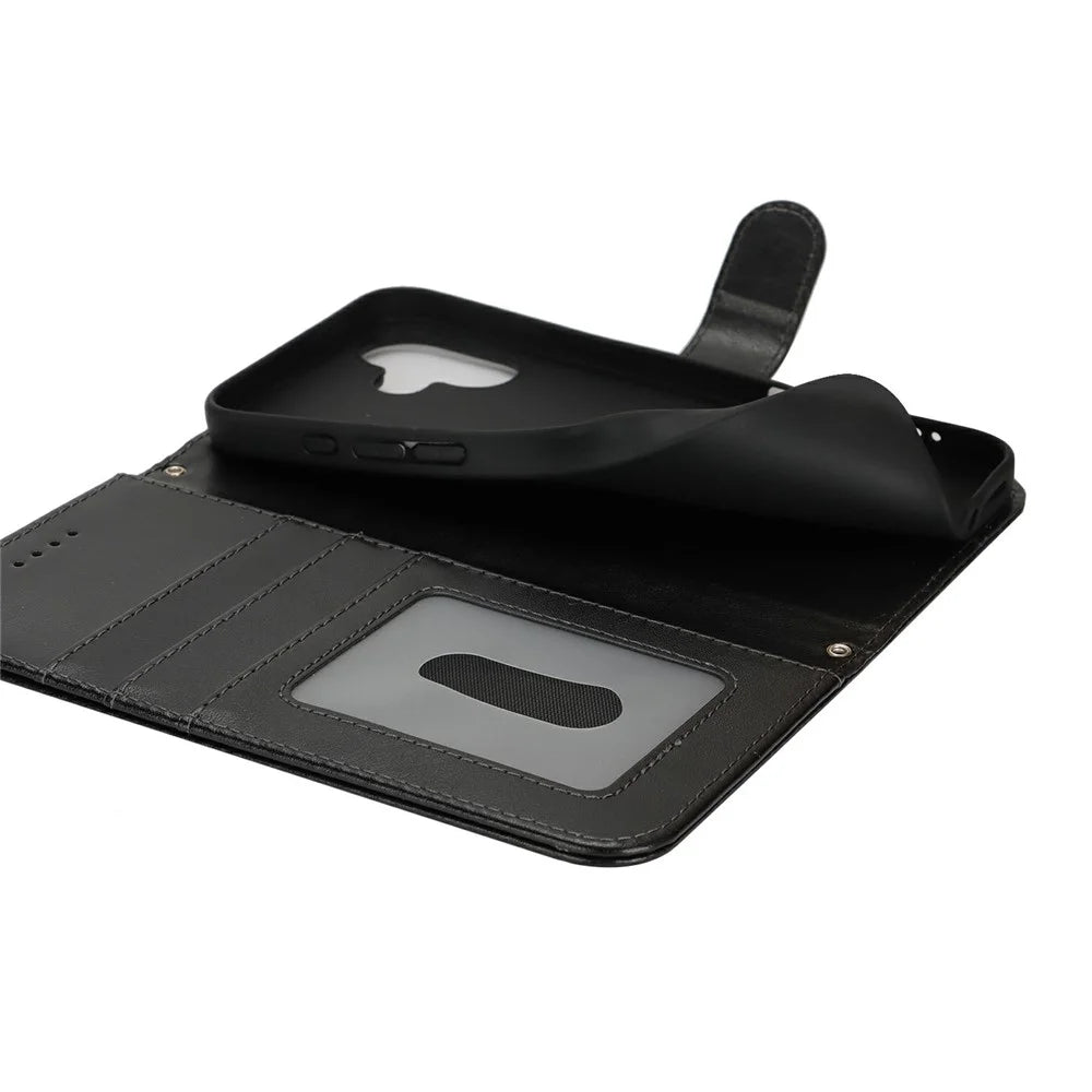 For iPhone 17 Case Textured Leather Wallet Phone Cover with Strap - Black - 5