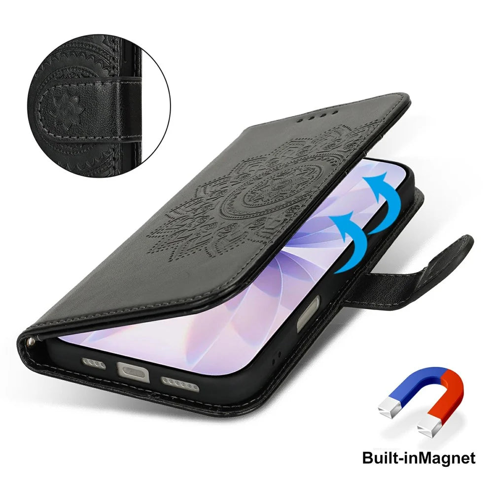 For iPhone 17 Case Textured Leather Wallet Phone Cover with Strap - Black - 7