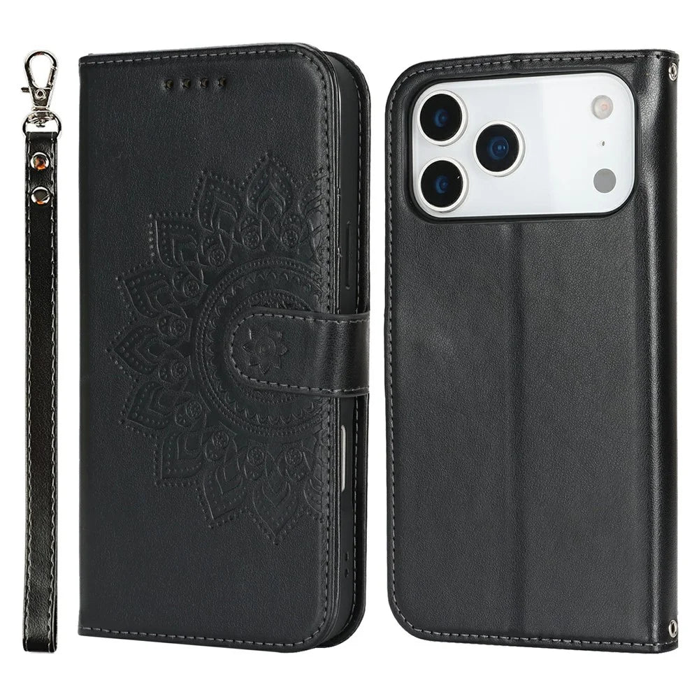 For iPhone 18 Pro Max / 17 Pro Max Case Textured Leather Wallet Phone Cover with Strap - Black - 1