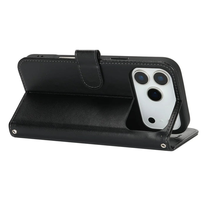 For iPhone 18 Pro Max / 17 Pro Max Case Textured Leather Wallet Phone Cover with Strap - Black - 4