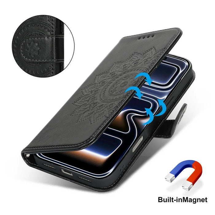 For iPhone 18 Pro Max / 17 Pro Max Case Textured Leather Wallet Phone Cover with Strap - Black - 7