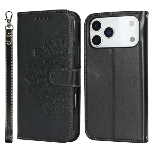 For iPhone 18 Pro / 17 Pro Case Textured Leather Wallet Phone Cover with Strap - Black - 1