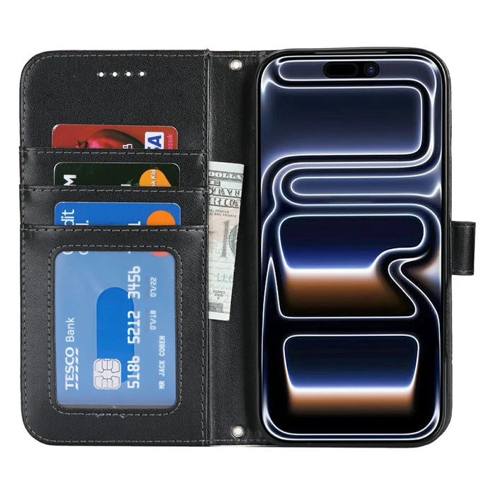 For iPhone 18 Pro / 17 Pro Case Textured Leather Wallet Phone Cover with Strap - Black - 2