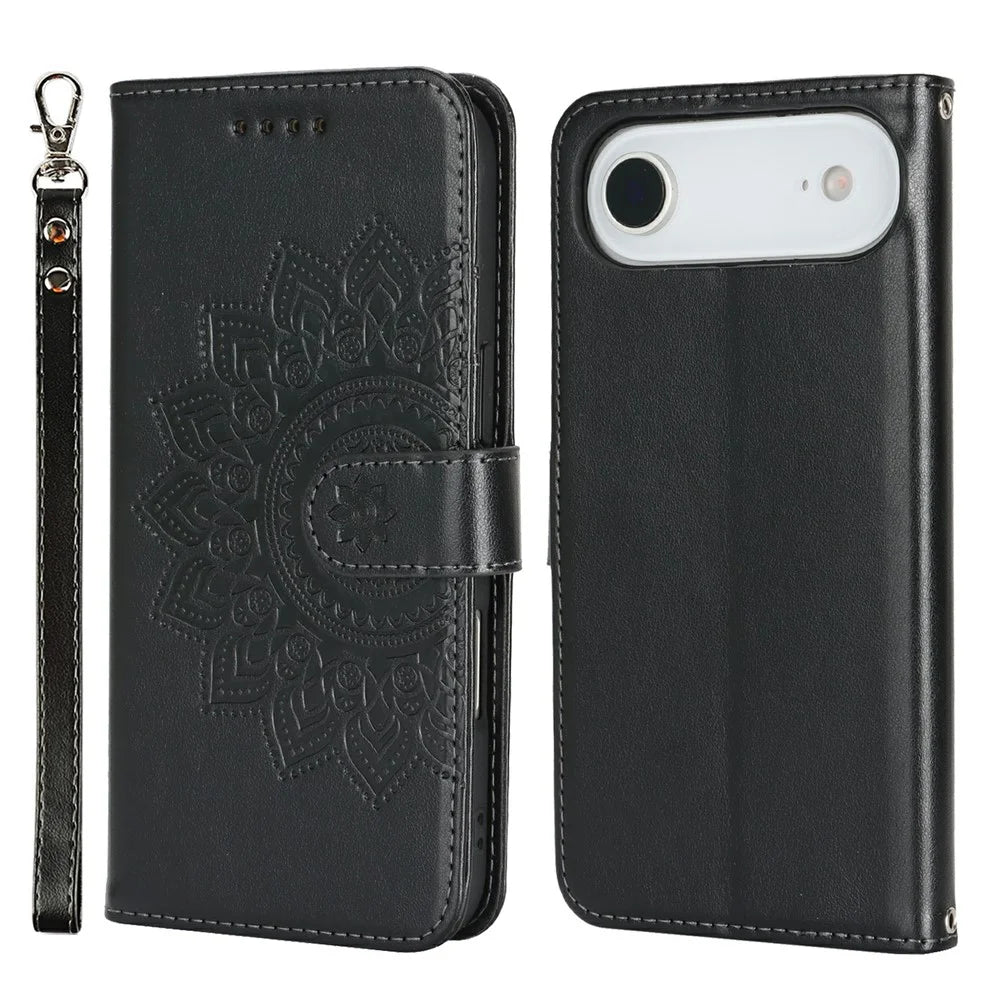 For iPhone Air Case Textured Leather Wallet Phone Cover with Strap - Black - 1