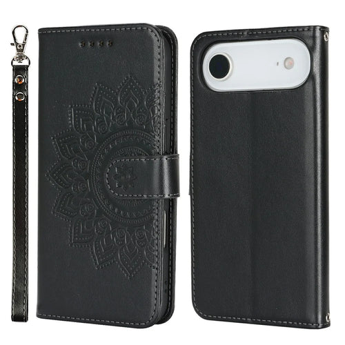 For iPhone Air Case Textured Leather Wallet Phone Cover with Strap - Black - 1