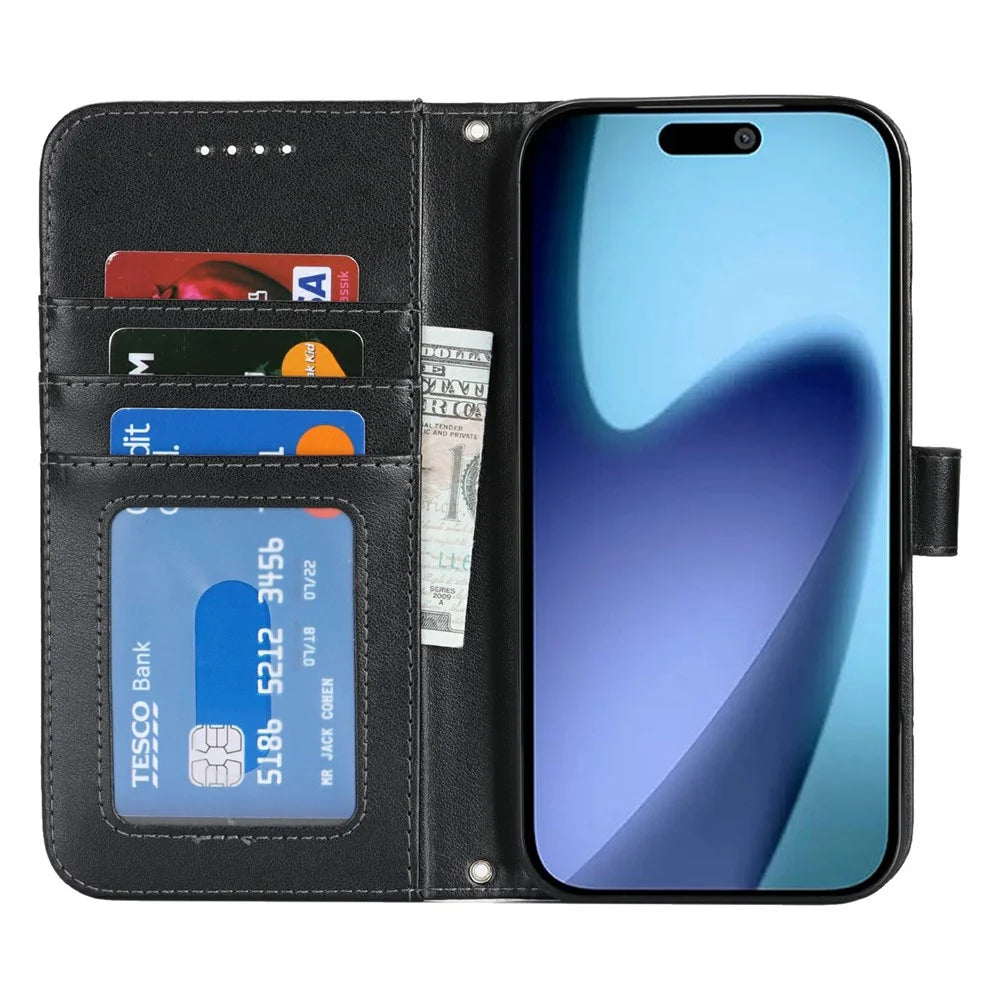 For iPhone Air Case Textured Leather Wallet Phone Cover with Strap - Black - 2
