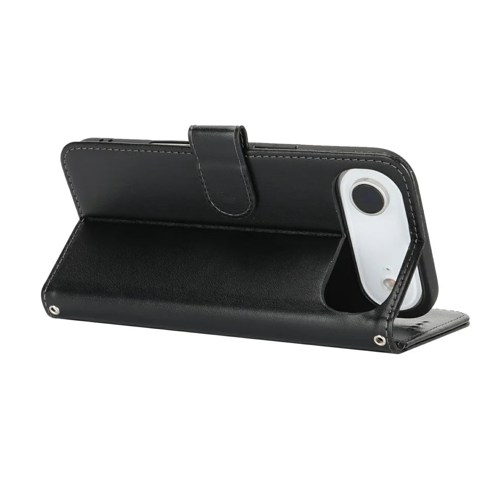 For iPhone Air Case Textured Leather Wallet Phone Cover with Strap - Black - 3