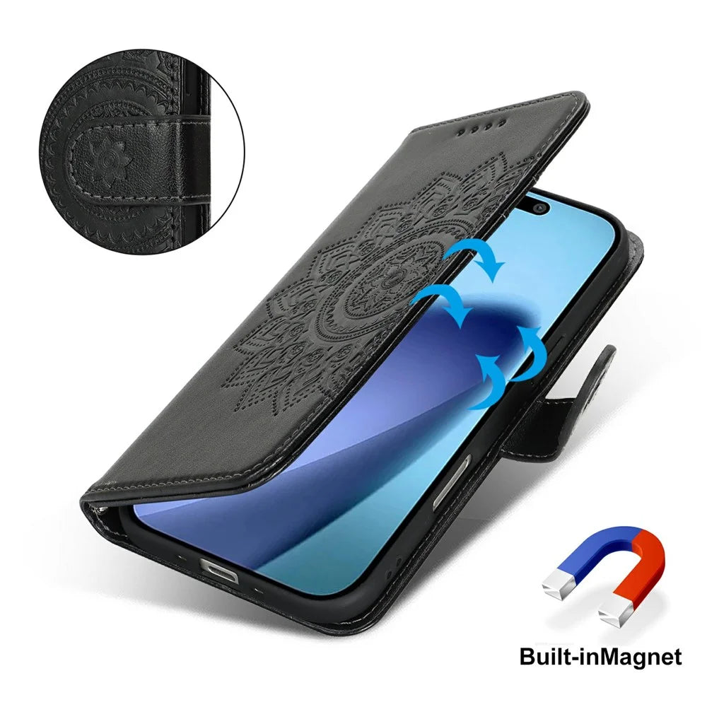 For iPhone Air Case Textured Leather Wallet Phone Cover with Strap - Black - 7