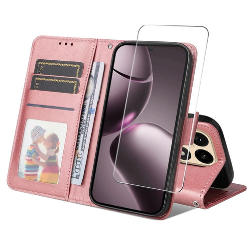 ENKAY HAT PRINCE For Xiaomi 15T Wallet Case Calf Texture Leather Phone Stand Cover with Strap and 0.18mm Screen Film (Support Ultrasonic Fingerprint Unlock) - Pink - 1