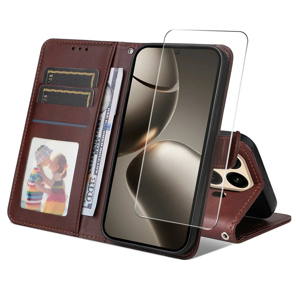 ENKAY HAT PRINCE For Xiaomi 15T Pro Wallet Case Calf Texture Leather Phone Stand Cover with Strap and 0.18mm Screen Film (Support Ultrasonic Fingerprint Unlock) - Brown - 1
