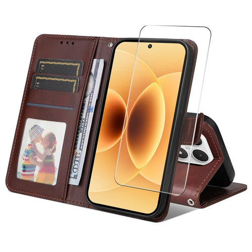ENKAY HAT PRINCE For Xiaomi 17 Wallet Case Calf Texture Leather Phone Stand Cover with Strap and 0.18mm Screen Film (Support Ultrasonic Fingerprint Unlock) - Brown - 1