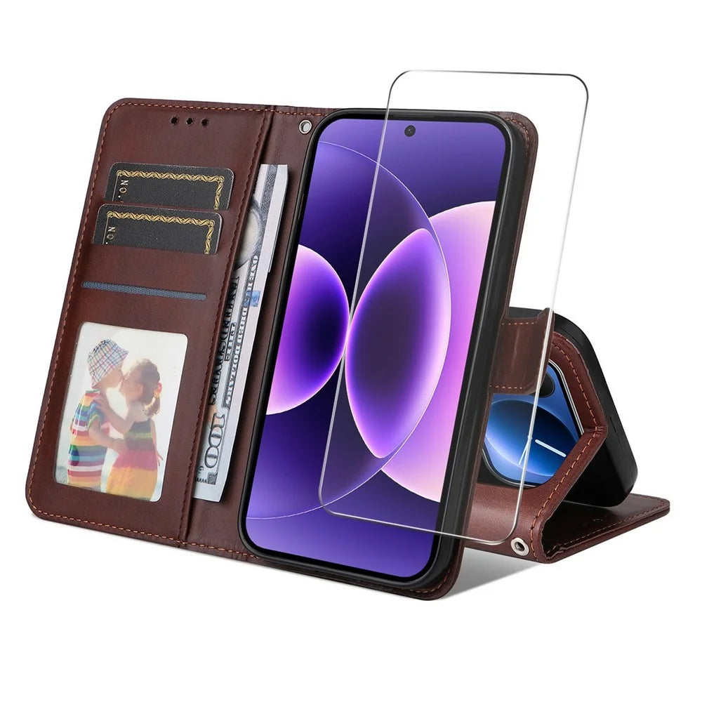 ENKAY HAT PRINCE For Xiaomi 17 Pro Wallet Case Calf Texture Leather Phone Stand Cover with Strap / 0.18mm Screen Film (Support Ultrasonic Fingerprint Unlock) - Brown - 1