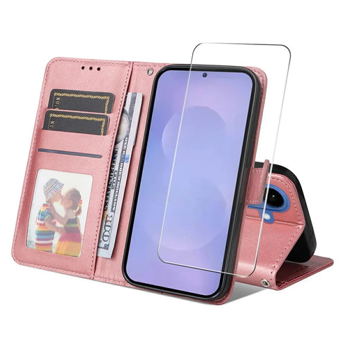 ENKAY HAT PRINCE For Samsung Galaxy S26 Wallet Case Calf Texture Leather Phone Stand Cover with Strap and 0.18mm Screen Film (Support Ultrasonic Fingerprint Unlock) - Pink - 1