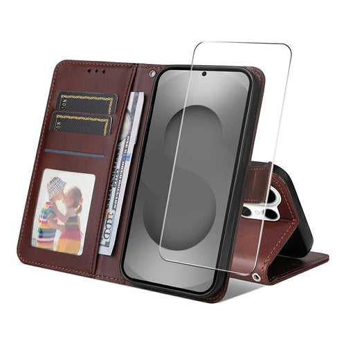 ENKAY HAT PRINCE For Samsung Galaxy S26 Ultra Wallet Case Calf Texture Leather Phone Stand Cover with Strap and 0.18mm Screen Film (Support Ultrasonic Fingerprint Unlock) - Brown - 1
