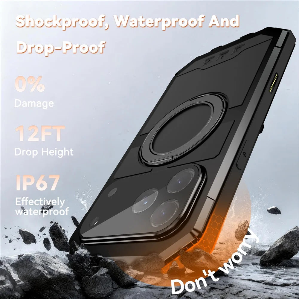 R-JUST For iPhone 17 Pro Max Case Compatible with MagSafe TPU + Metal Kickstand Phone Cover with Tempered Glass Film - Black - 2