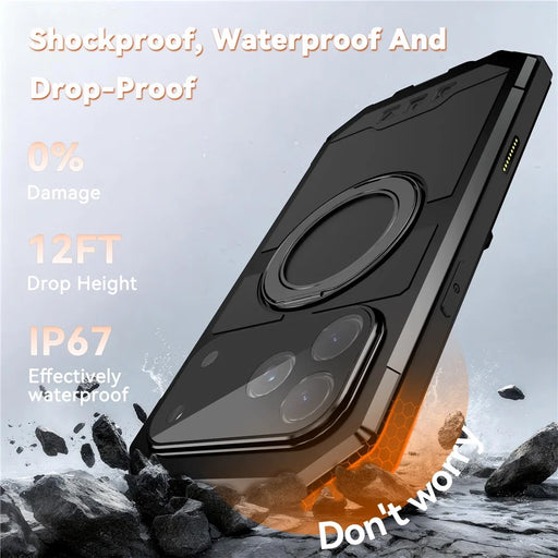 R-JUST For iPhone 17 Pro Max Case Compatible with MagSafe TPU + Metal Kickstand Phone Cover with Tempered Glass Film - Black - 2