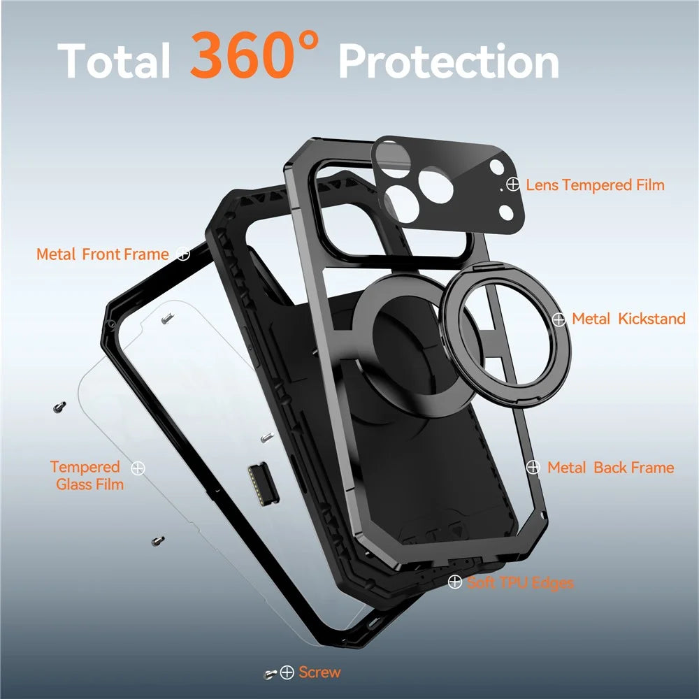 R-JUST For iPhone 17 Pro Max Case Compatible with MagSafe TPU + Metal Kickstand Phone Cover with Tempered Glass Film - Black - 4