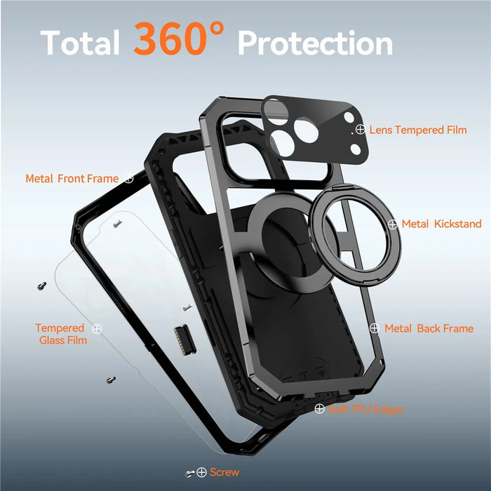 R-JUST For iPhone 17 Pro Max Case Compatible with MagSafe TPU + Metal Kickstand Phone Cover with Tempered Glass Film - Black - 4