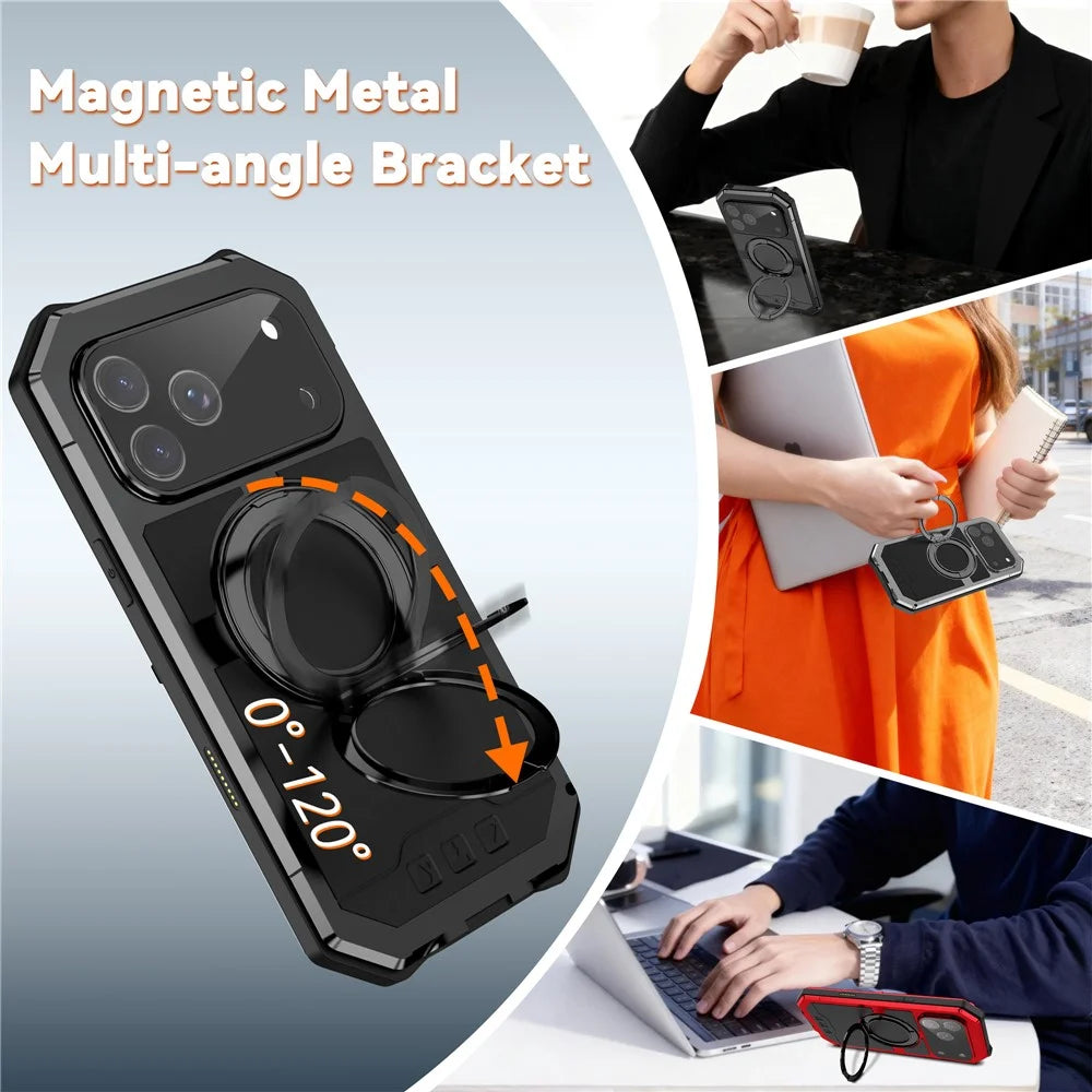R-JUST For iPhone 17 Pro Max Case Compatible with MagSafe TPU + Metal Kickstand Phone Cover with Tempered Glass Film - Black - 6