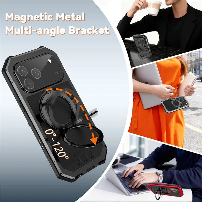 R-JUST For iPhone 17 Pro Max Case Compatible with MagSafe TPU + Metal Kickstand Phone Cover with Tempered Glass Film - Black - 6