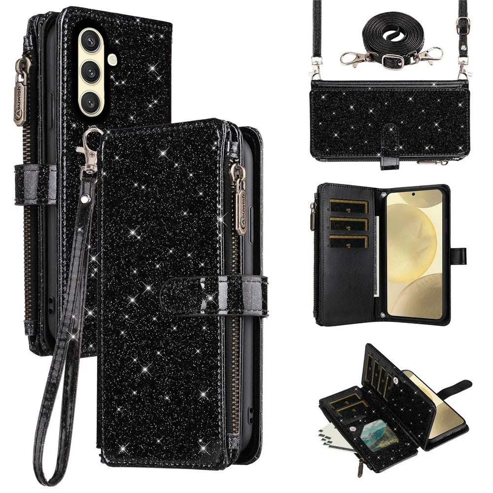 ASUWISH For Samsung Galaxy S24 FE Case 10 Card Holder Glitter Leather Phone Cover with Crossbody Strap - Black - 1