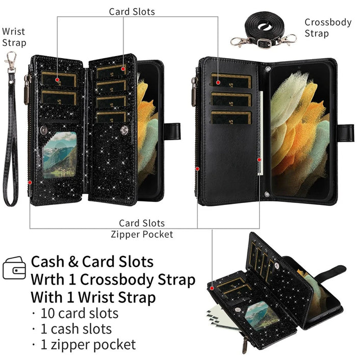 ASUWISH For Samsung Galaxy S24 FE Case 10 Card Holder Glitter Leather Phone Cover with Crossbody Strap - Black - 2