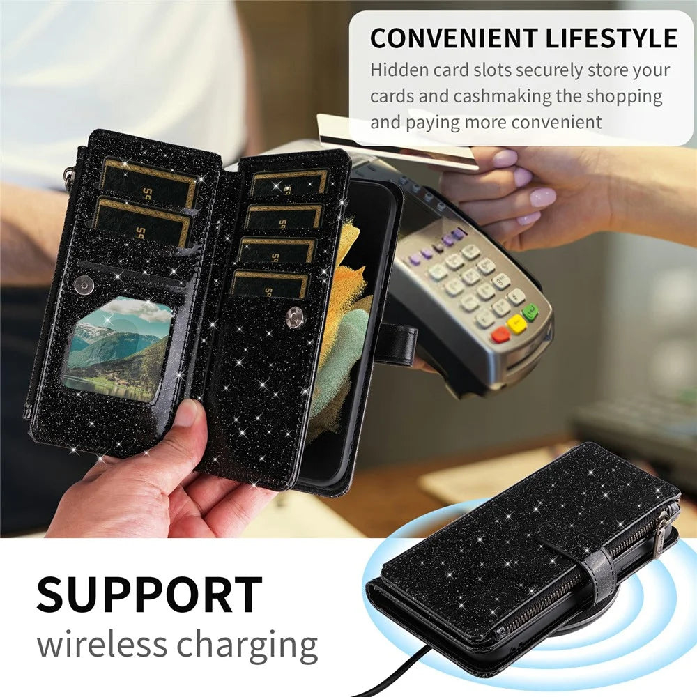 ASUWISH For Samsung Galaxy S24 FE Case 10 Card Holder Glitter Leather Phone Cover with Crossbody Strap - Black - 4