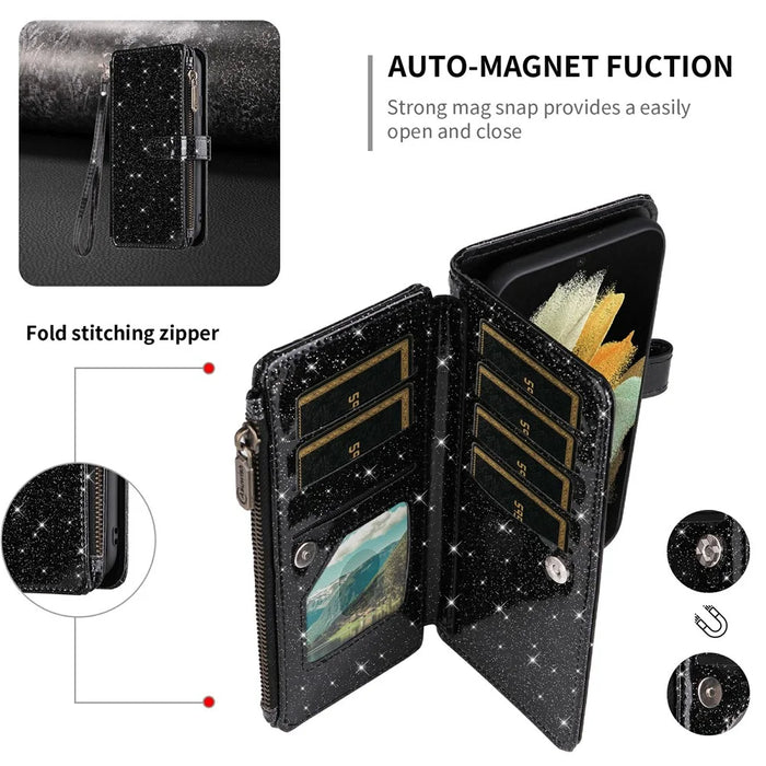 ASUWISH For Samsung Galaxy S24 FE Case 10 Card Holder Glitter Leather Phone Cover with Crossbody Strap - Black - 5