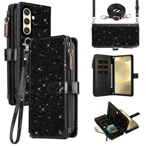ASUWISH For Samsung Galaxy A15 4G / 5G Case 10 Card Holder Glitter Leather Phone Cover with Crossbody Strap - Black - 1