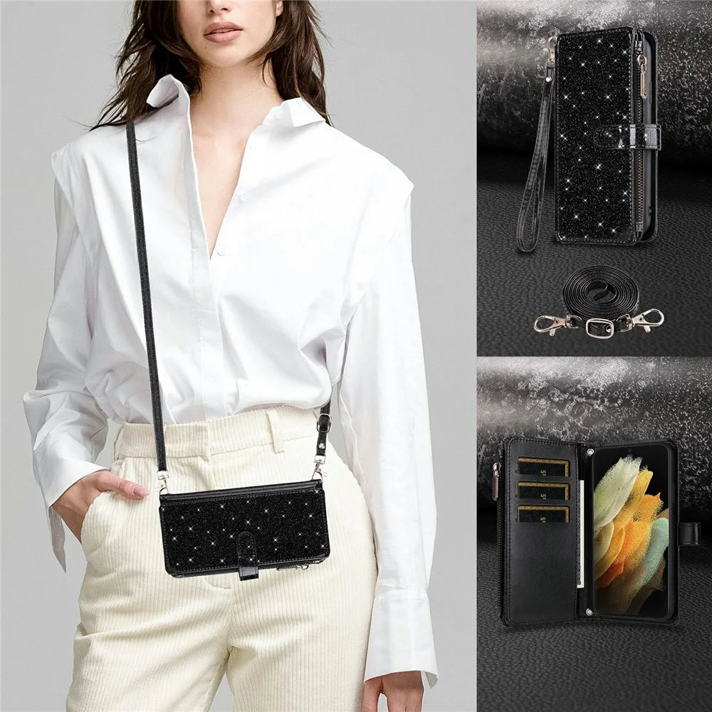 ASUWISH For Samsung Galaxy A15 4G / 5G Case 10 Card Holder Glitter Leather Phone Cover with Crossbody Strap - Black - 7